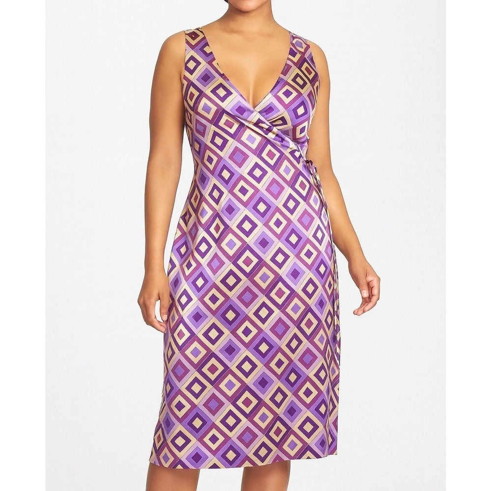 Shoshanna Silk Pink Purple Geometric‎ Print Wrap Dress Sz 12 Sleeveless Lined